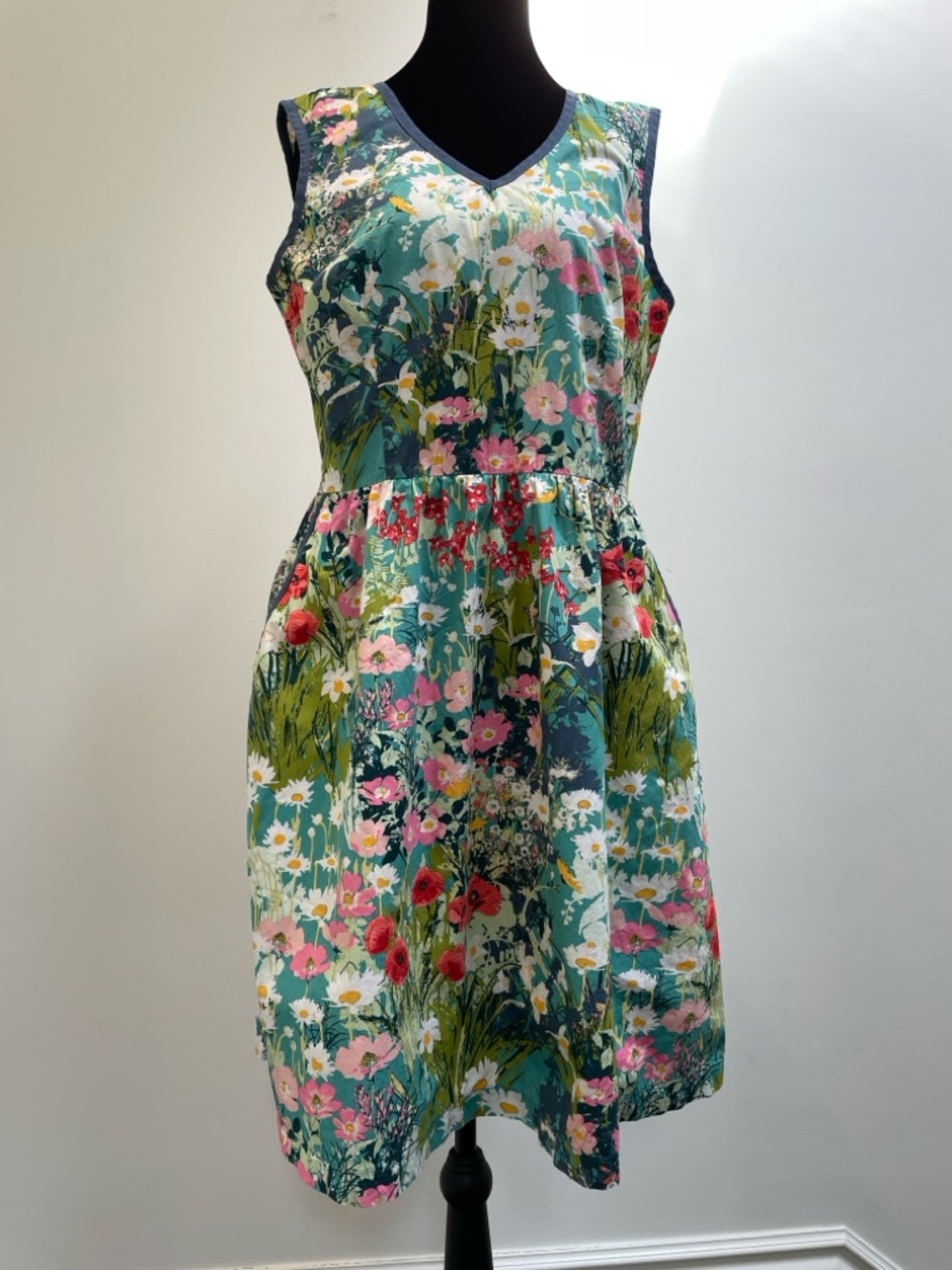 Mandala designs Floral V-Neck Midi Dress in Teal and Multicolor-medium